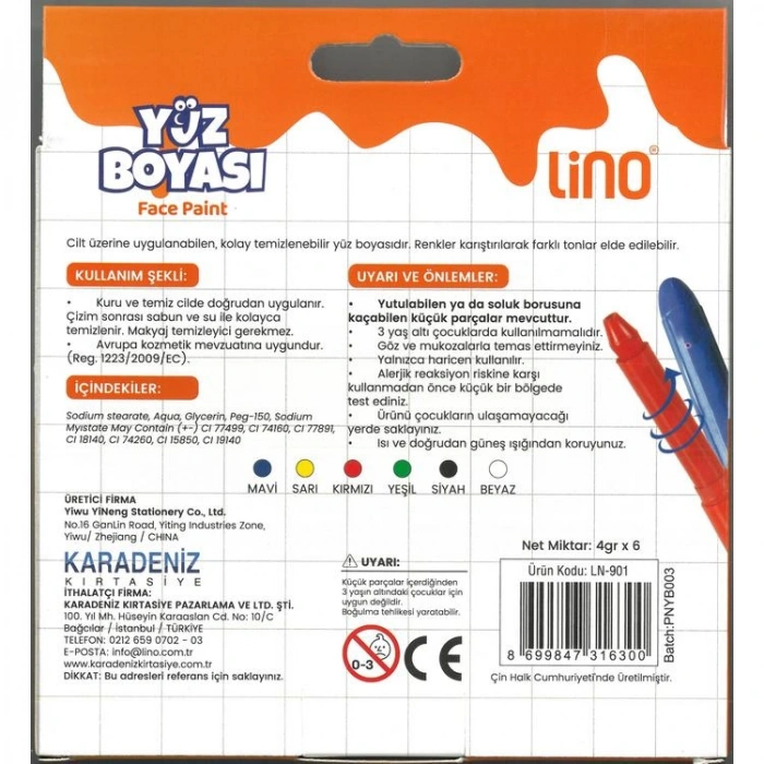 LINO LN-901 KALEM TİPİ YÜZ BOYASI 6 RENK 3+