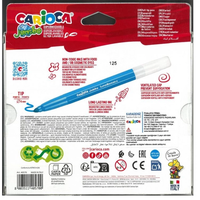 CARIOCA 40570 JUMBO BOY YIKANABİLİR KEÇELİ BOYA KALEMİ 24LÜ