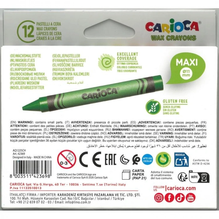 CARIOCA 42369 WAX MAXİ YIKANABİLİR PASTEL/MUM BOYA 12 RENK