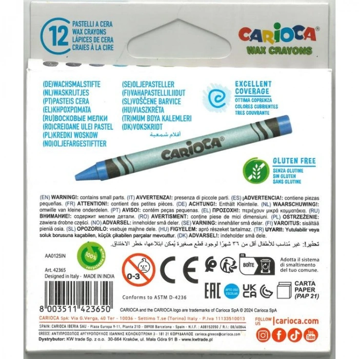 CARIOCA 42365 WAX CRAYONS YIKANABİLİR PASTEL/MUM BOYA KALEMİ 12 RENK