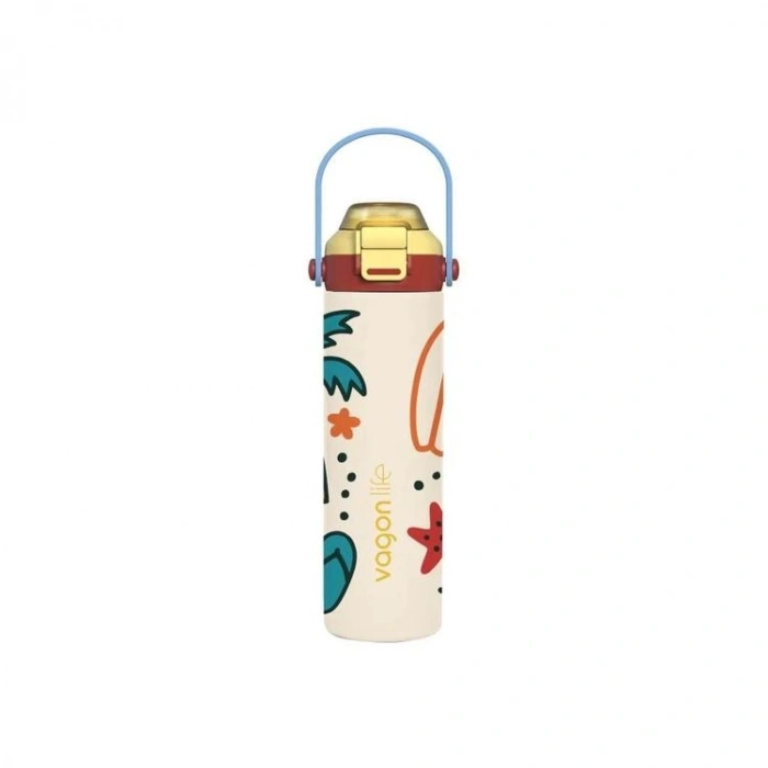 VAGONLİFE ÇELİK  PİPETLİ/ PİPETSİZ ÇİFT KULLANIM KULPLU MATARA/TERMOS DESENLİ VGN1111 600ML  - BEJ