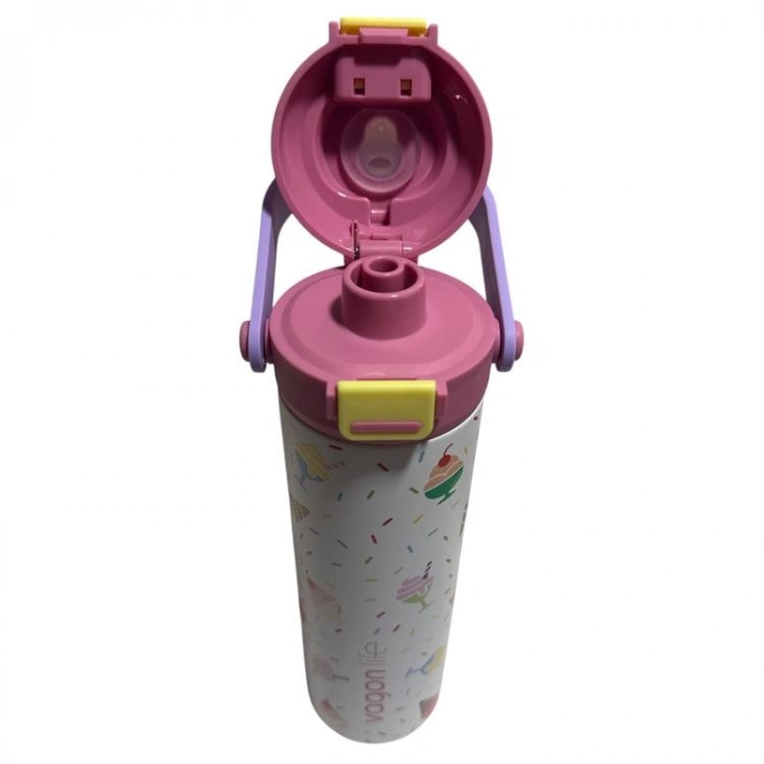 VAGONLİFE ÇELİK  PİPETLİ/ PİPETSİZ ÇİFT KULLANIM KULPLU MATARA/TERMOS DESENLİ VGN1111 600ML  - BEYAZ
