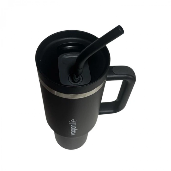 VAGONLİFE KULPLU ÇELİKLİ PİPETLİ/PİPETSİZ RAHAT İÇİM PASLANMAZ ÇELİK TERMOS CUP VGN1103 1200 ML SİYAH