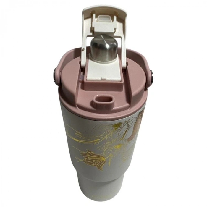 VAGONLİFE DILLER PASLANMAZ ÇELİK ÇİFT KAPAK PİPETLİ/ PİPETSİZ KULLANIM EL ASKI KULPLU DESENLİ CUP TERMOS D9505 880ML  - GOLD