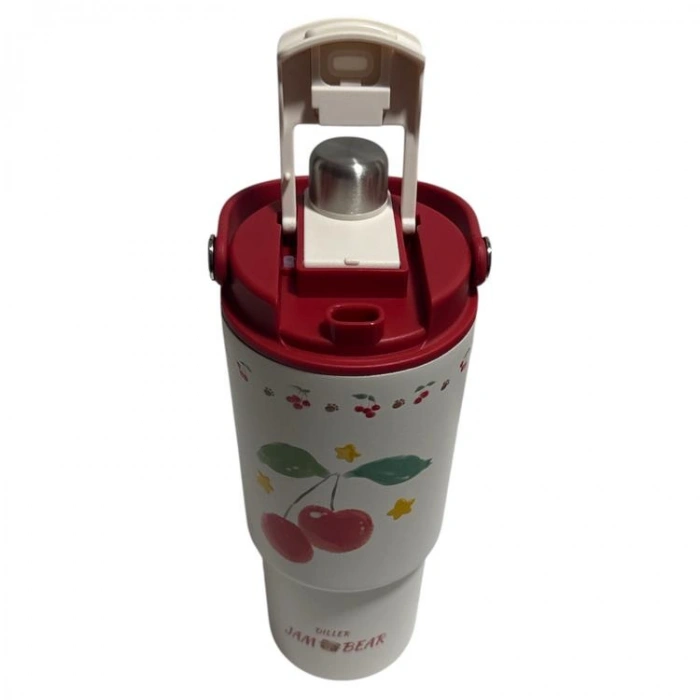 VAGONLİFE DILLER PASLANMAZ ÇELİK ÇİFT KAPAK PİPETLİ/ PİPETSİZ KULLANIM EL ASKI KULPLU DESENLİ CUP TERMOS D9505 880ML - RED