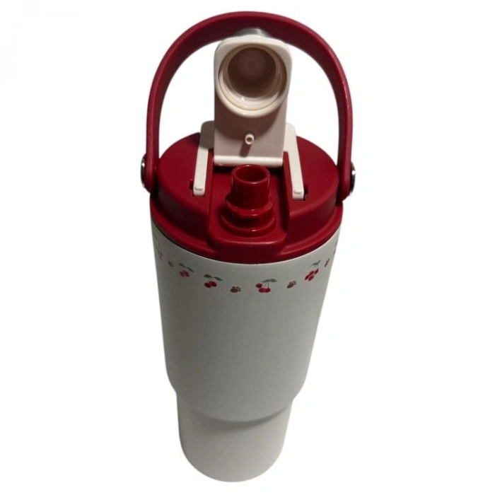 VAGONLİFE DILLER PASLANMAZ ÇELİK ÇİFT KAPAK PİPETLİ/ PİPETSİZ KULLANIM EL ASKI KULPLU DESENLİ CUP TERMOS D9505 880ML - RED