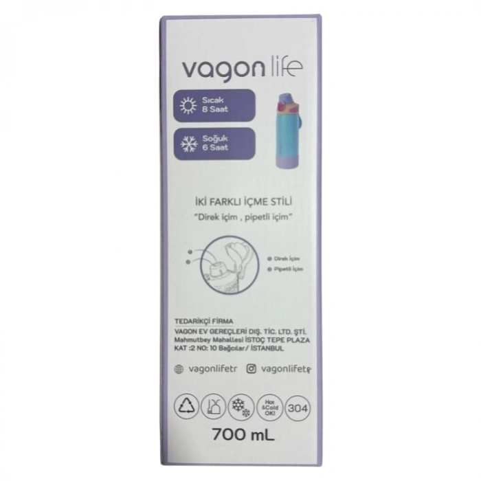VAGONLİFE ÇELİK TEK KAPAK PİPETLİ/ PİPETSİZ KULLANIM KULPLU MATARA/TERMOS VGN1102 700ML  - MAVİ