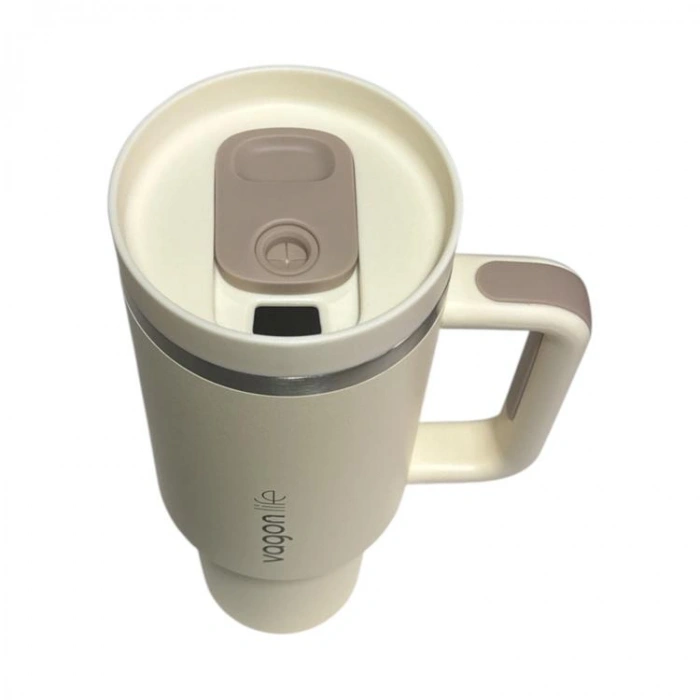 VAGONLİFE KULPLU ÇELİKLİ PİPETLİ/PİPETSİZ RAHAT İÇİM PASLANMAZ ÇELİK TERMOS CUP VGN1103 1200 ML KIRIK BEYAZ