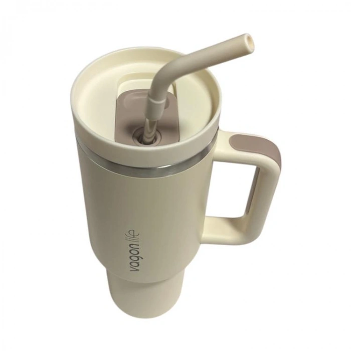 VAGONLİFE KULPLU ÇELİKLİ PİPETLİ/PİPETSİZ RAHAT İÇİM PASLANMAZ ÇELİK TERMOS CUP VGN1103 1200 ML KIRIK BEYAZ
