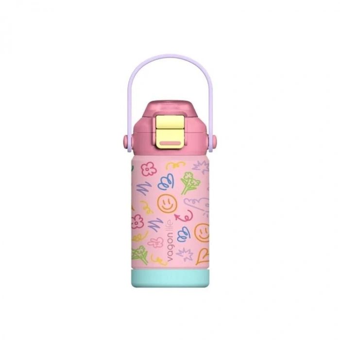 VAGONLİFE ÇELİK PİPETLİ / PİPETSİZ KULLANIM EL TAŞIMA KULPLU MATARA/TERMOS VGN1104 630ML PEMBE