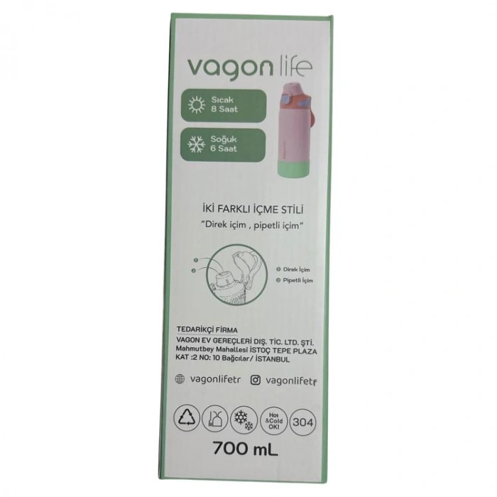 VAGONLİFE ÇELİK TEK KAPAK PİPETLİ/ PİPETSİZ KULLANIM KULPLU MATARA/TERMOS VGN1102 700ML  - PEMBE