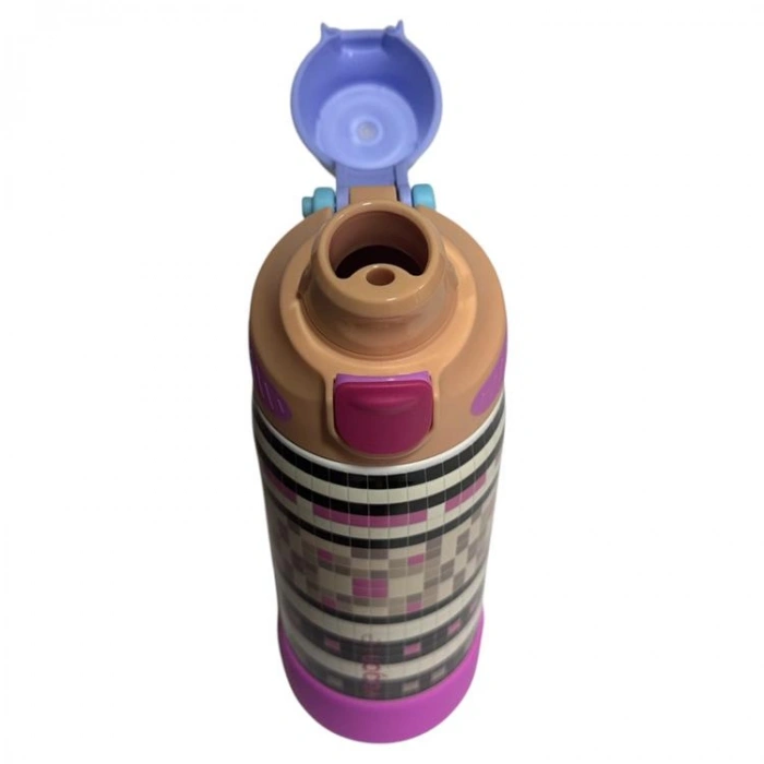 VAGONLİFE ÇELİK TEK KAPAK PİPETLİ/ PİPETSİZ KULLANIM KULPLU MATARA/TERMOS VGN1102 700ML  - RESİMLİ (KARE DESENLİ)