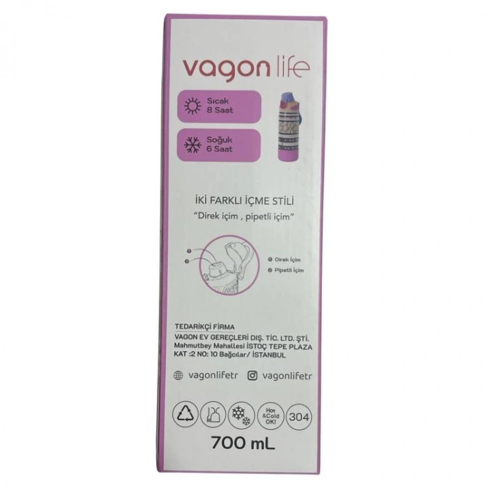 VAGONLİFE ÇELİK TEK KAPAK PİPETLİ/ PİPETSİZ KULLANIM KULPLU MATARA/TERMOS VGN1102 700ML  - RESİMLİ (KARE DESENLİ)