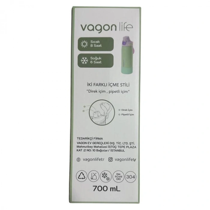 VAGONLİFE ÇELİK TEK KAPAK PİPETLİ/ PİPETSİZ KULLANIM KULPLU MATARA/TERMOS VGN1102 700ML  - YEŞİL
