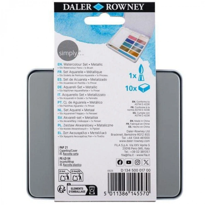 DALER ROWNEY SIMPLY WATERCOLOR SULU BOYA SETİ METALİK RENKLER 10LU (10 RENK+1 AD FIRÇA)  TENEKE KUTU - FT134500017