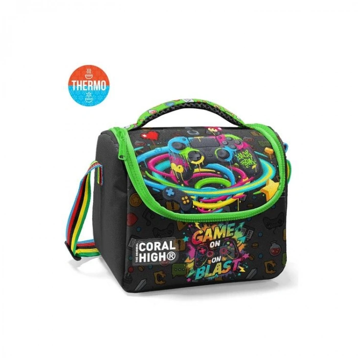 CORAL HIGH 37158 KIDS RACING SİYAH GAMER DESENLİ THERMO BESLENME ÇANTASI