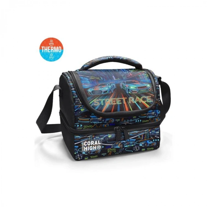 CORAL HIGH 37210 KIDS SİYAH ÇOK RENKLİ YARIŞ ARABASI DESENLİ THERMO İKİ KATLI  BESLENME ÇANTASI