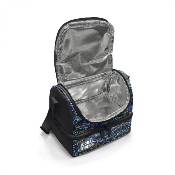 CORAL HIGH 37210 KIDS SİYAH ÇOK RENKLİ YARIŞ ARABASI DESENLİ THERMO İKİ KATLI  BESLENME ÇANTASI