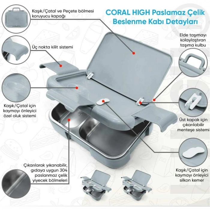 CORAL HIGH 39156 KIDS UNICORN DENİZATI DESENLİ 2 BÖLMELİ PASLANMAZ ÇELİK YEMEK KABI