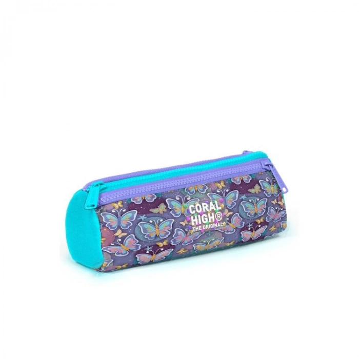 CORAL HIGH 31006 PASTEL RENKLİ KELEBEK DESENLİ ÜÇ BÖLMELİ KALEM ÇANTASI