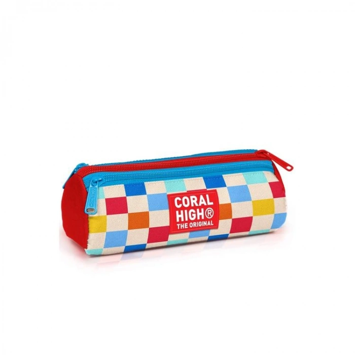 CORAL HIGH 31025 ÇOK RENKLİ DAMA DESENLİ ÜÇ BÖLMELİ KALEM ÇANTASI