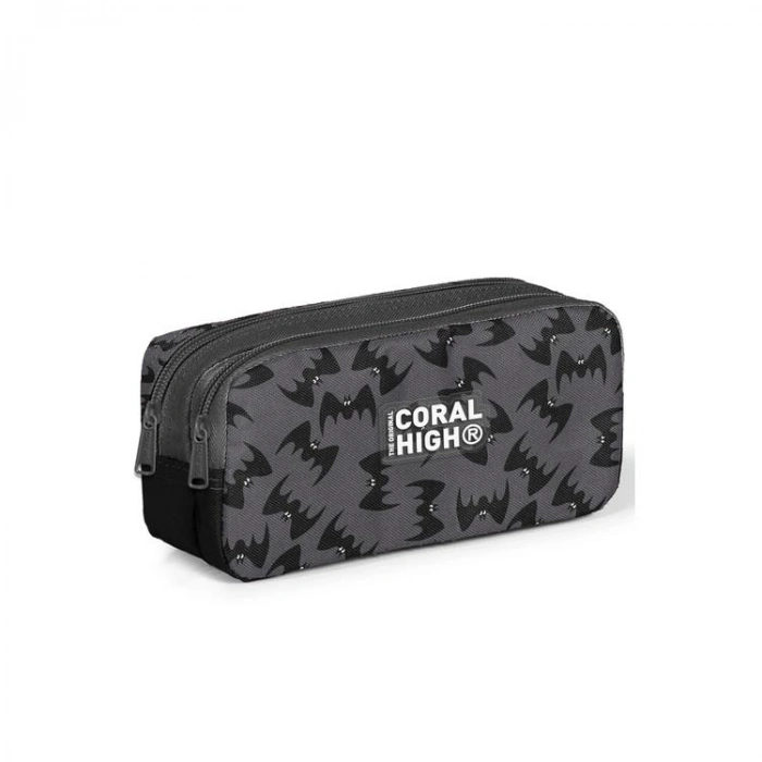 CORAL HIGH 31044 GRİ SİYAH YARASA DESENLİ İKİ BÖLMELİ KALEM ÇANTASI