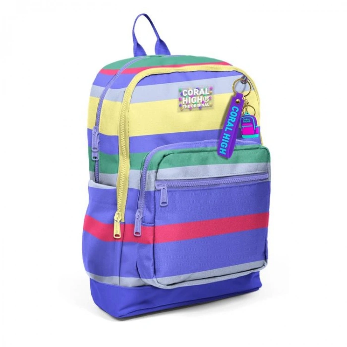 CORAL HIGH 33202 MOR SARI LAVANTA ÇİZGİ DESENLİ DÖRT BÖLMELİ SIRT ÇANTASI