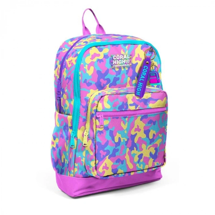 CORAL HIGH 33201 PEMBE SARI LAVANTA KAMUFLAJ DESENLİ DÖRT BÖLMELİ SIRT ÇANTASI
