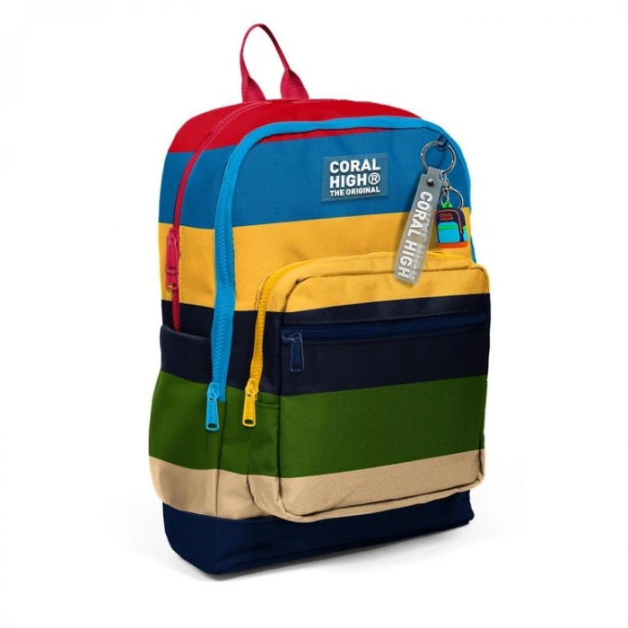 CORAL HIGH 33212 SARI LACİVERT KIRMIZI ÇİZGİ DESENLİ DÖRT BÖLMELİ SIRT ÇANTASI
