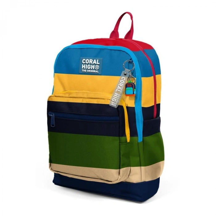 CORAL HIGH 33212 SARI LACİVERT KIRMIZI ÇİZGİ DESENLİ DÖRT BÖLMELİ SIRT ÇANTASI
