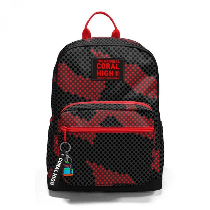 CORAL HIGH 33233 GRİ SİYAH KIRMIZI DESENLİ DÖRT BÖLMELİ SIRT ÇANTASI