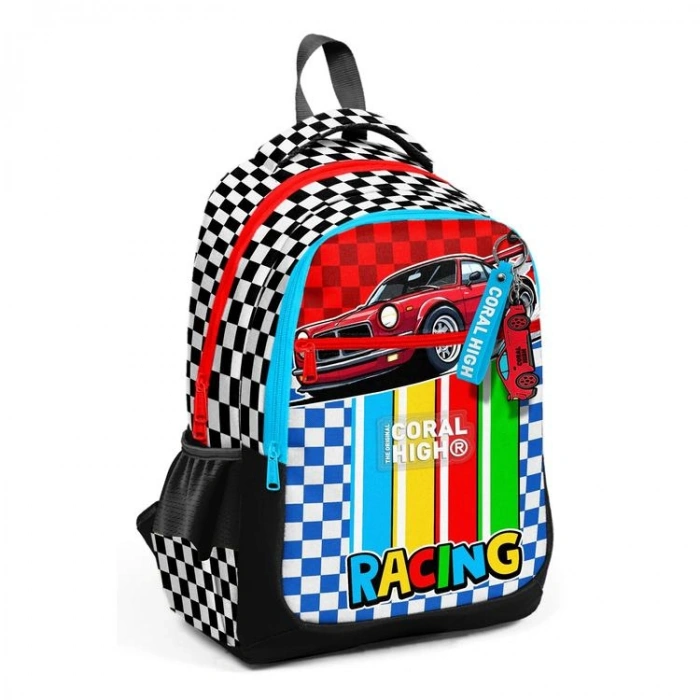 CORAL HIGH 33257 DAMA RACING KIRMIZI ARABA DESENLİ ÜÇ BÖLMELİ SIRT ÇANTASI