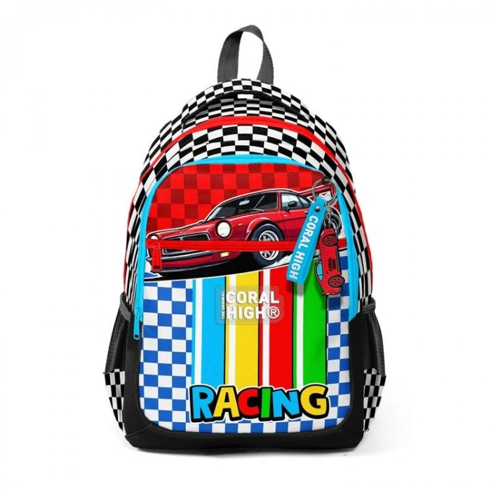CORAL HIGH 33257 DAMA RACING KIRMIZI ARABA DESENLİ ÜÇ BÖLMELİ SIRT ÇANTASI