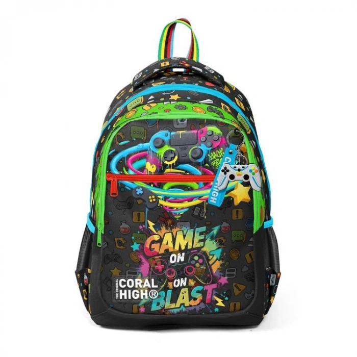 CORAL HIGH 33258 SİYAH GAMER DESENLİ ÜÇ BÖLMELİ SIRT ÇANTASI