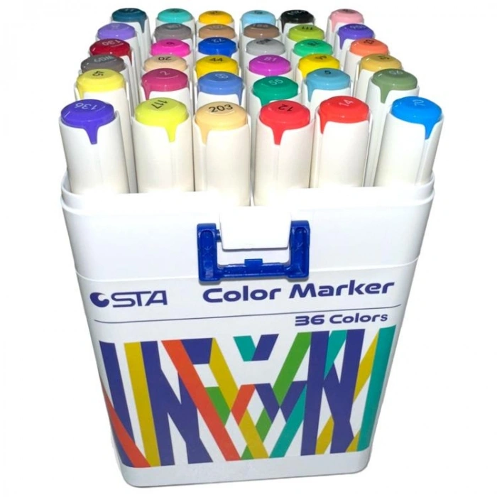 STA 910336 ÇİFT UÇLU ALKOL BAZLI MARKER 1mm/1-7mm UÇ KALEM SETİ 36LI (RENK) TAŞIMA SAPLI PLASTİK KUTULU
