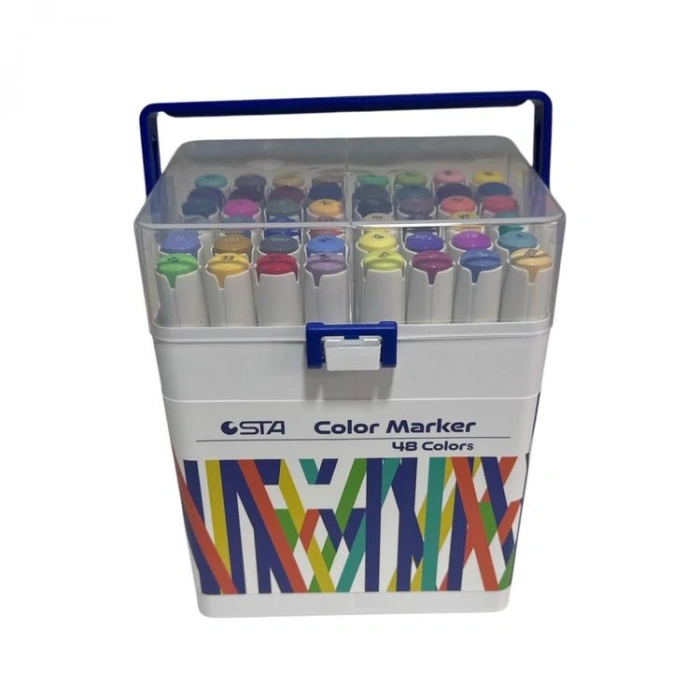 STA 910348 ÇİFT UÇLU ALKOL BAZLI MARKER 1mm/1-7mm UÇ KALEM SETİ 48Lİ (RENK) TAŞIMA SAPLI PLASTİK KUTULU