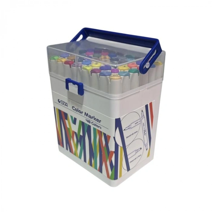 STA 910348 ÇİFT UÇLU ALKOL BAZLI MARKER 1mm/1-7mm UÇ KALEM SETİ 48Lİ (RENK) TAŞIMA SAPLI PLASTİK KUTULU