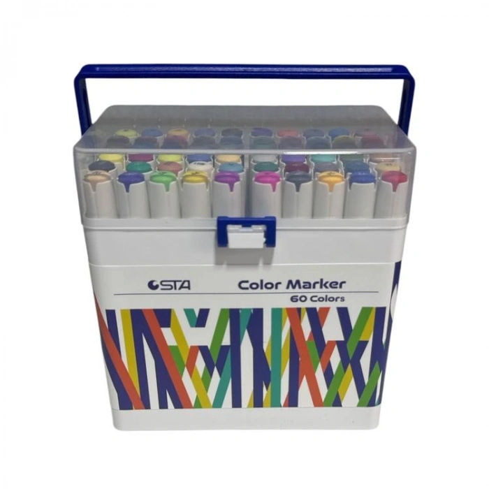 STA 910360 ÇİFT UÇLU ALKOL BAZLI MARKER 1mm/1-7mm UÇ KALEM SETİ 60LI (RENK) TAŞIMA SAPLI PLASTİK KUTULU