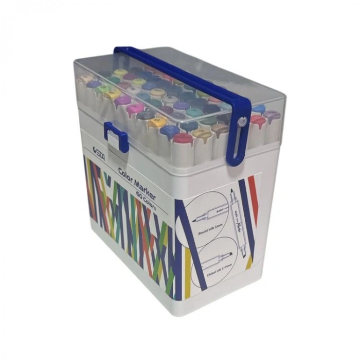 STA 910360 ÇİFT UÇLU ALKOL BAZLI MARKER 1mm/1-7mm UÇ KALEM SETİ 60LI (RENK) TAŞIMA SAPLI PLASTİK KUTULU