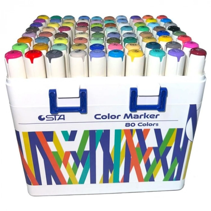 STA 910380 ÇİFT UÇLU ALKOL BAZLI MARKER 1mm/1-7mm UÇ KALEM SETİ 80Lİ (RENK) TAŞIMA SAPLI PLASTİK KUTULU