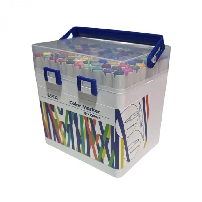 STA 910380 ÇİFT UÇLU ALKOL BAZLI MARKER 1mm/1-7mm UÇ KALEM SETİ 80Lİ (RENK) TAŞIMA SAPLI PLASTİK KUTULU