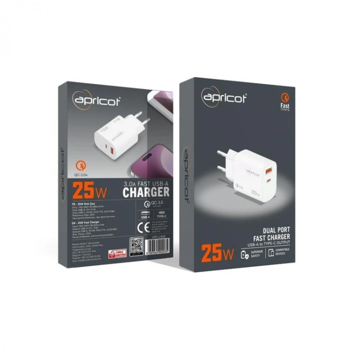 APRICOT APC-U426  TYPE-C 3.0A USB-A 25W HIZLI ŞARJ ADAPTÖRÜ BAŞLIK BEYAZ