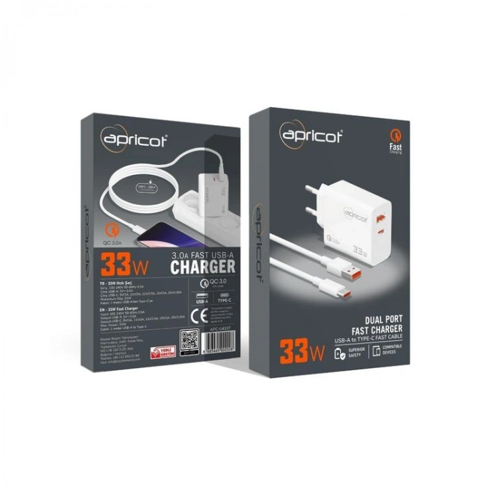APRICOT APC-U433T  TYPE-C 3.0A USB-A 33W HIZLI ŞARJ ADAPTÖRÜ KABLOLU BEYAZ
