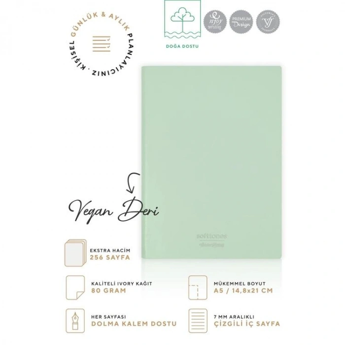 VICTORIAS JOURNALS 1007 SOFTTONS ESNEK KAPAK 14.8x21cm A5 80gr. 128 YP.KREM ÇİZGİLİ DEFTER PASTEL YEŞİL