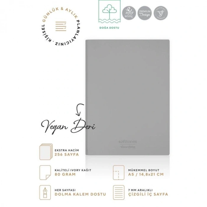 VICTORIAS JOURNALS 1009 SOFTTONS ESNEK KAPAK 14.8x21cm A5 80gr. 128 YP.KREM ÇİZGİLİ DEFTER PASTEL GRİ