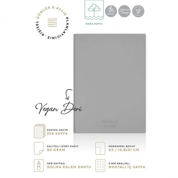 VICTORIAS JOURNALS 1015 SOFTTONS ESNEK KAPAK 14.8x21cm A5 80gr. 128 YP.KREM NOKTALI DEFTER PASTEL GRİ