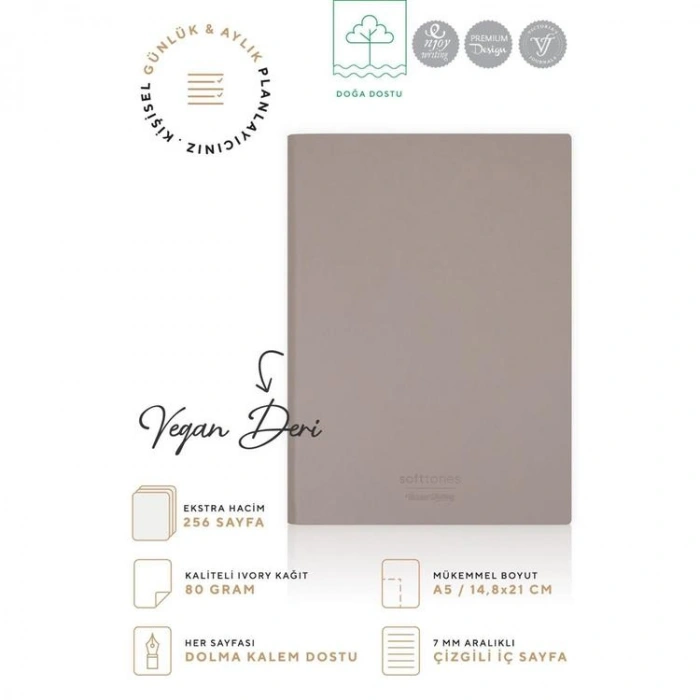 VICTORIAS JOURNALS 1012 SOFTTONS ESNEK KAPAK 14.8x21cm A5 80gr. 128 YP.KREM ÇİZGİLİ DEFTER PASTEL KAHVERENGİ