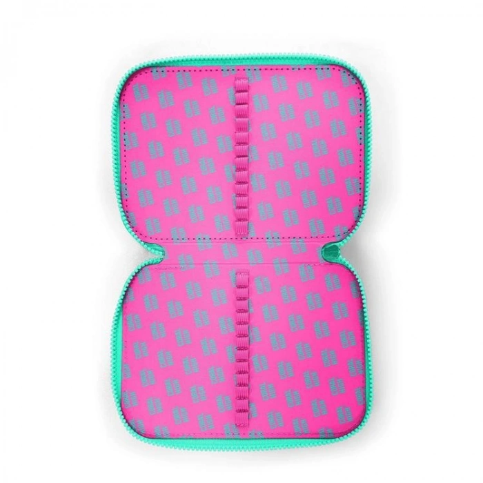 CORAL HIGH KIDS 11133 NEON PEMBE SU YEŞİLİ KALP DESENLİ ÇİFT KATLI KALEM ÇANTASI