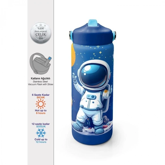 CORAL HIGH 38334 LACİVERT ASTRONOT DESENLİ KATLANIR AĞIZLI PİPETLİ ÇELİK TERMOS 650ML