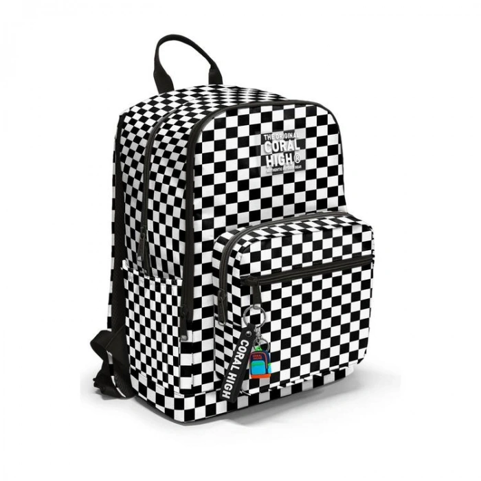 CORAL HIGH 23677 KIDS SİYAH BEYAZ DAMA DESENLİ DÖRT BÖLMELİ SIRT ÇANTASI